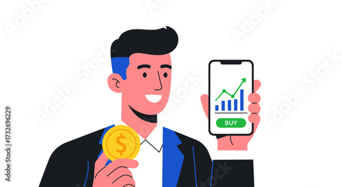 Happy businessman showing successful stock market investment on smartphone.