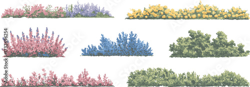 Colorful bush illustration set, cartoon garden shrubs, foliage texture variety, landscaping clipart pack, nature design elements, vector plant graphics, outdoor assets