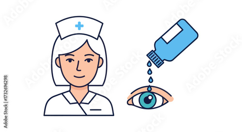 Nurse administering eye drops medical vector illustration.