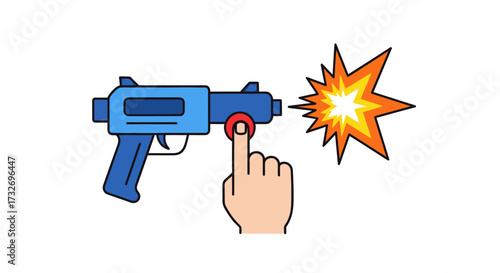 Cartoon hand pressing a red button to fire a blue toy gun.