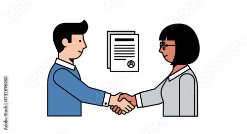 Man and Woman Shaking Hands Over Pet Adoption Contract Illustration.