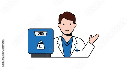 Male doctor character with a medical weighing scale illustration.