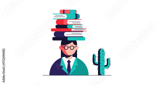 Person with a heavy stack of books on their head representing knowledge.
