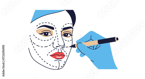 Womans Face with Dotted Lines for Cosmetic Surgery.