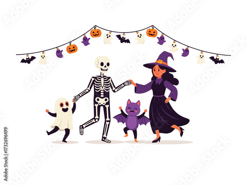 Halloween Family's Eerie Dance: A whimsical illustration depicts a playful family of Halloween characters joyfully dancing, featuring a skeleton, witch, ghost, and bat amidst festive decorations.