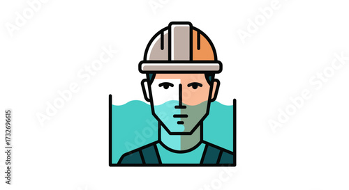 Stylized icon of a male construction worker wearing a hard hat.
