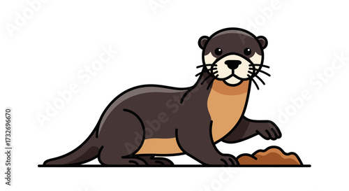 Cute cartoon river otter standing on a patch of ground.