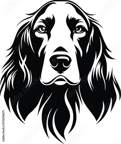 English Setter head silhouette with long ears, flowing coat, and gentle eyes in black vector