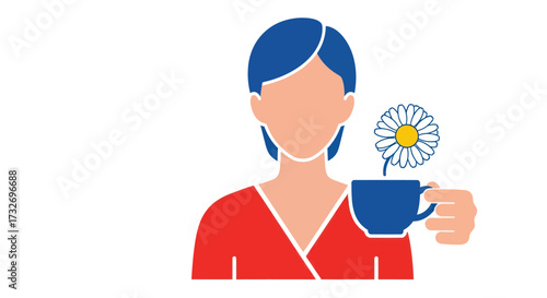 Illustration of a woman with blue hair holding a cup of chamomile tea.
