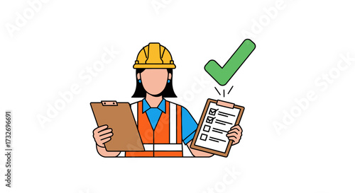 Female construction worker with checklist and approval checkmark illustration.