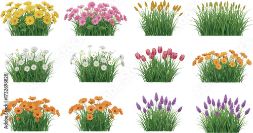 Flower cluster illustration set, cartoon garden plants, colorful floral icons, landscaping clipart pack, nature design elements, vector foliage graphics, outdoor assets