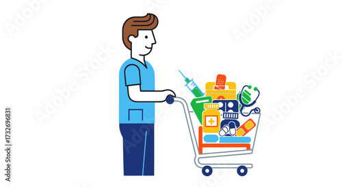 Man Pushing a Shopping Cart Filled with Medical Supplies and Medicine.