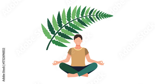 Man meditating in lotus pose under a large green fern leaf.