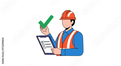 Construction worker with clipboard and green checkmark illustration.