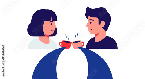 Vector illustration of a man and woman toasting coffee mugs.