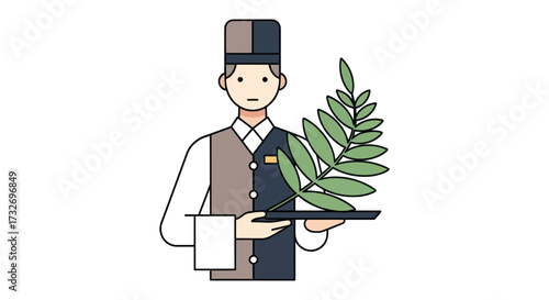 Hotel Bellboy Character Serving a Large Green Plant Branch on a Tray.