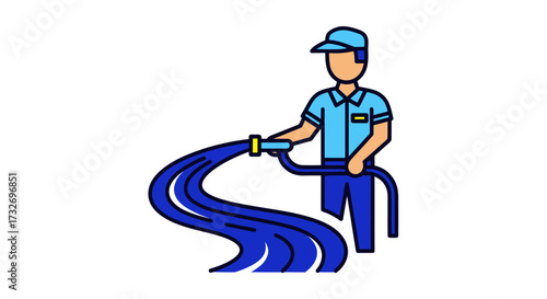 Worker in blue uniform operating a powerful water hose icon.
