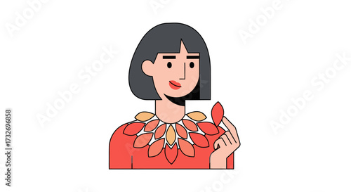 Illustrated woman with a bob haircut wearing a vibrant leaf necklace.