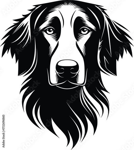Flat-Coated Retriever head silhouette with long ears, soft fur, and gentle eyes in black vector