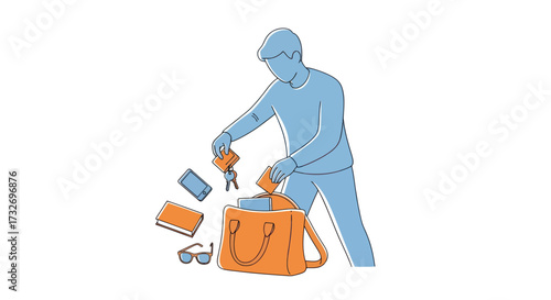 Stylized line art illustration of a person packing a bag with essentials.