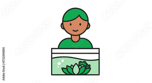 Smiling person with green hair holding a frog terrarium icon.