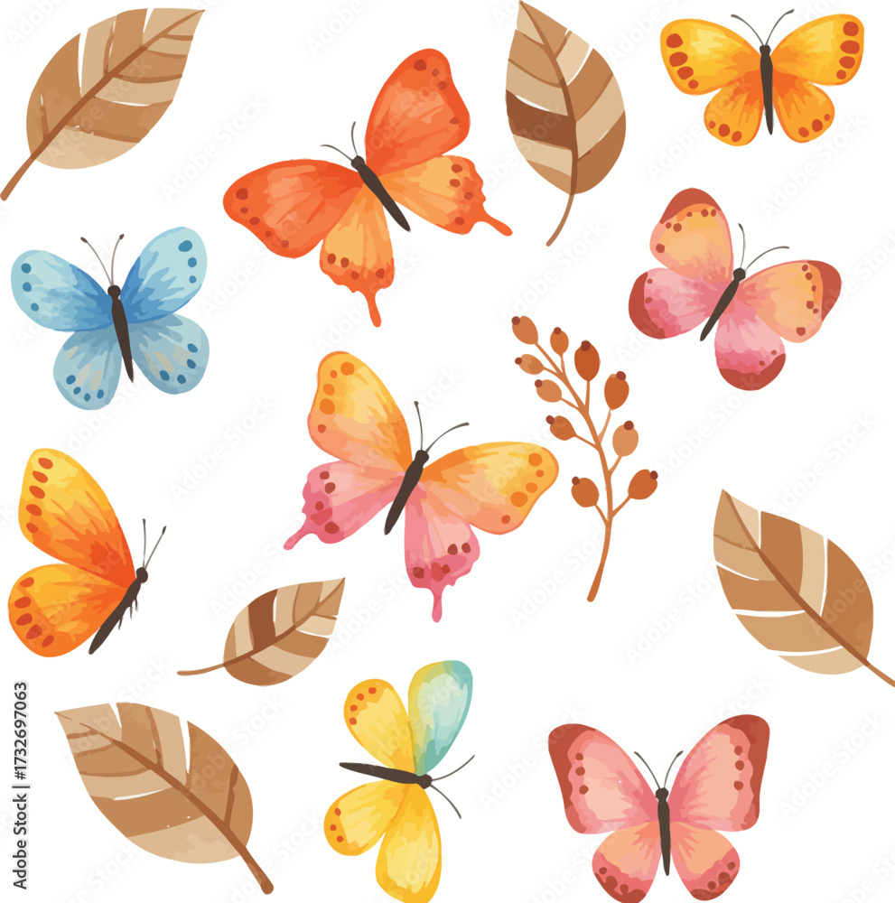 Obraz premium Autumn leaves and butterflies collection natural beauty art