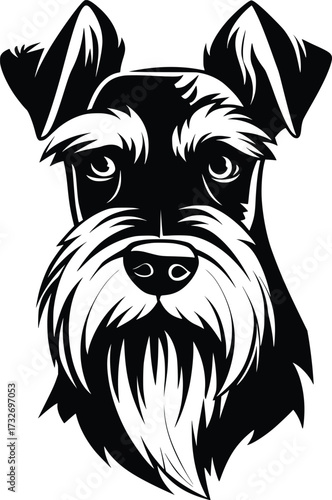 Standard Schnauzer head silhouette with bushy eyebrows, beard, and pointed ears in black vector