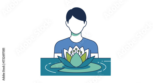 Illustration of a faceless man with a large lotus flower on water.