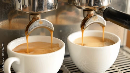 Espresso Machine Brewing Coffee - A close-up shows two white cups being filled with freshly brewed coffee from an espresso machine. The focus is on the rich crema forming on top of the coffee.
