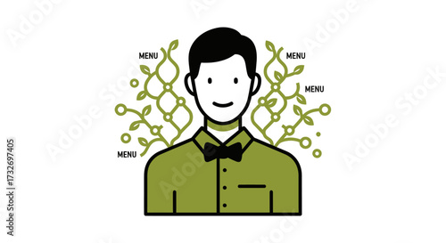 Stylized illustration of a friendly waiter in a green uniform.