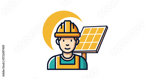 Solar Panel Technician Worker in Hard Hat Illustration.