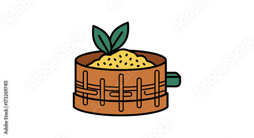 Wooden steamer basket with cooked grains and herbs.