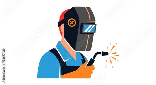 Professional welder in a protective mask and uniform holding a welding torch.