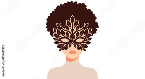 Elegant woman with an afro hairstyle wearing an ornate leaf mask.