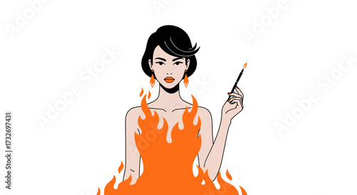 Stylish woman in a fiery orange dress holding a cigarette holder.