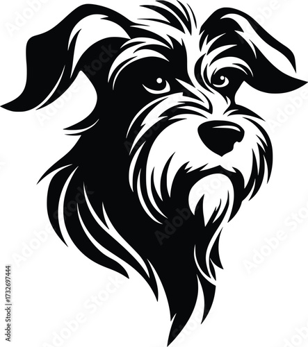 Bouvier des Flandres head silhouette with dense coat, beard, and strong build in black vector