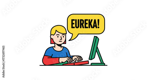 Cartoon character has a eureka moment at the computer.