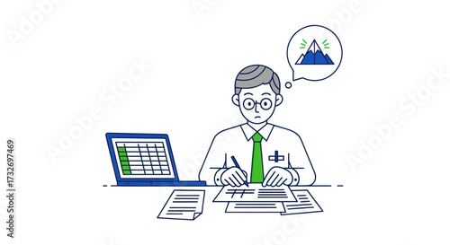 Businessman at his desk dreaming of future goals and success.