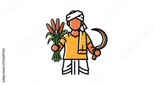 Illustration of a traditional farmer holding harvested crops and a sickle.