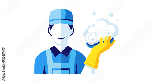 Professional cleaner character in uniform holding a soapy sponge.