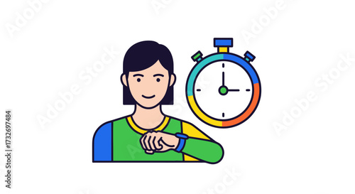 Colorful icon of a woman checking her smartwatch with a stopwatch.