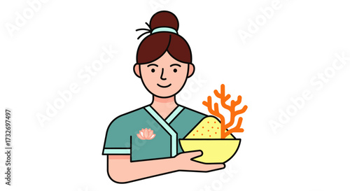 Cartoon illustration of a spa therapist holding a bowl of marine ingredients.