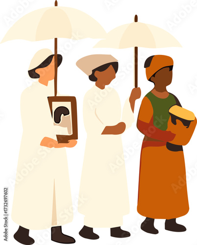 Three mourners in ceremonial attire walk in a funeral procession, holding umbrellas, a framed photo, and a drum as part of a cultural tribute