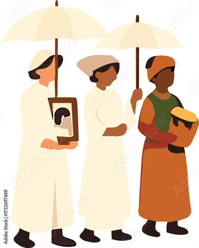 Three mourners in ceremonial attire walk in a funeral procession, holding umbrellas, a framed photo, and a drum as part of a cultural tribute