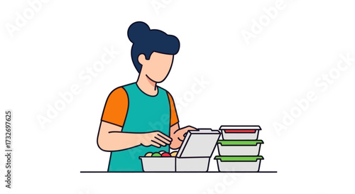 Vector illustration of a woman packing meal prep containers.