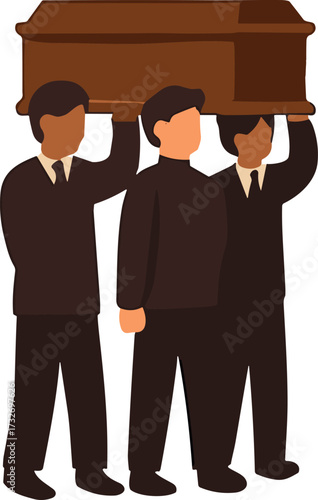 Three pallbearers dressed in dark suits carry a wooden coffin during a solemn funeral procession.