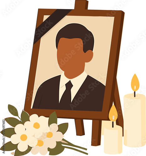 A memorial portrait of a man in a suit is displayed with candles and flowers, symbolizing remembrance and tribute at a funeral.