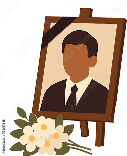 A framed memorial portrait of a man with a black ribbon and a bouquet of flowers symbolizes remembrance and respect during a funeral tribute.