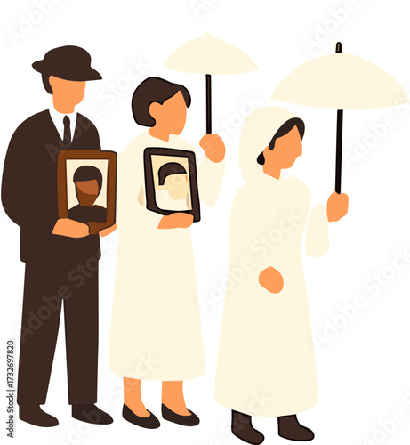 Three mourners in ceremonial attire carry framed portraits and umbrellas as part of a solemn funeral procession.