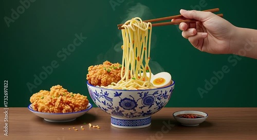 Hand with Chopsticks Picking Up Noodles from a Bowl of Fried Chicken Ramen